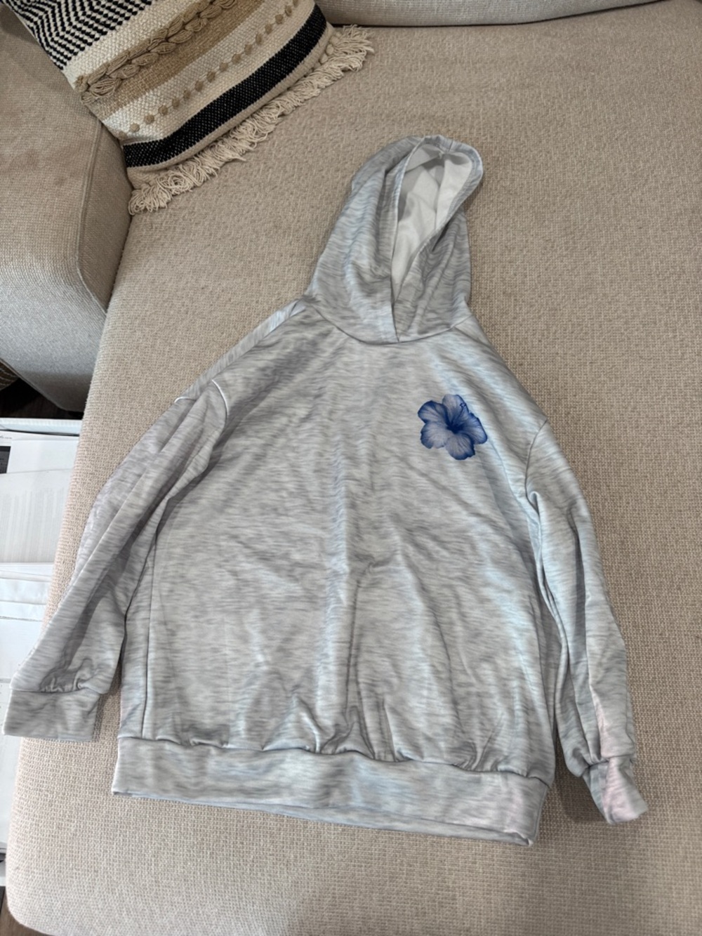 Light Gray Hooded Pullover with Blue Floral Detail